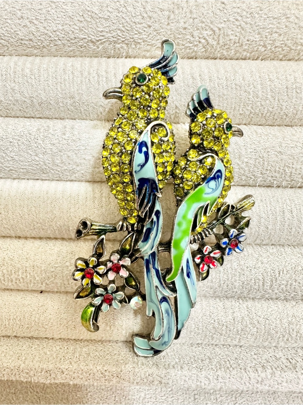 Vintage Yellow Parrot Enamel and Crystal Bird Brooch